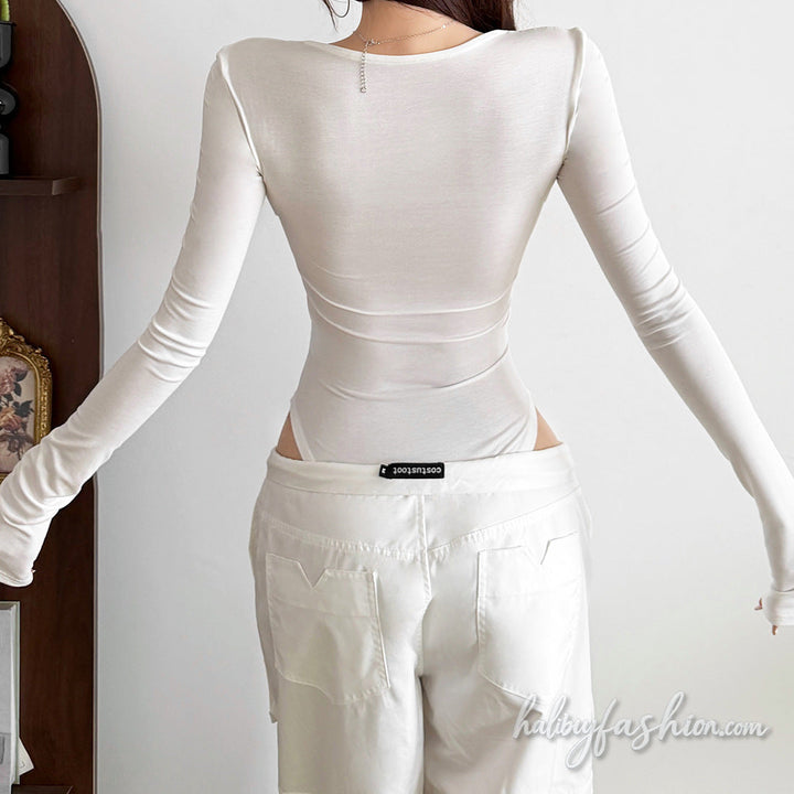 Long sleeve lace hem hollow out v neck bodysuit