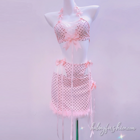 Polka dot halter self tie bowknot beaded mini skirt set