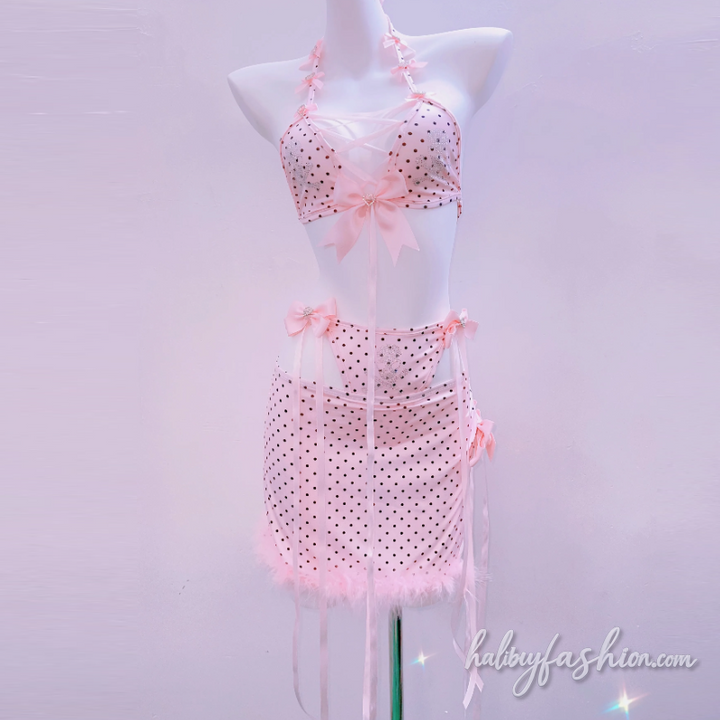 Polka dot halter self tie bowknot beaded mini skirt set