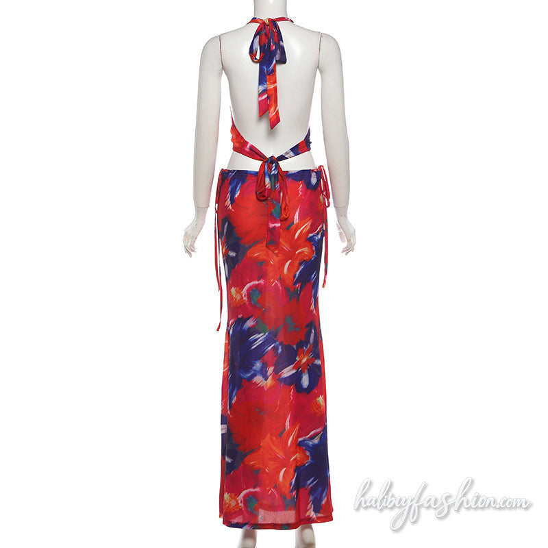 Cowl neck halter self tie print maxi skirt set