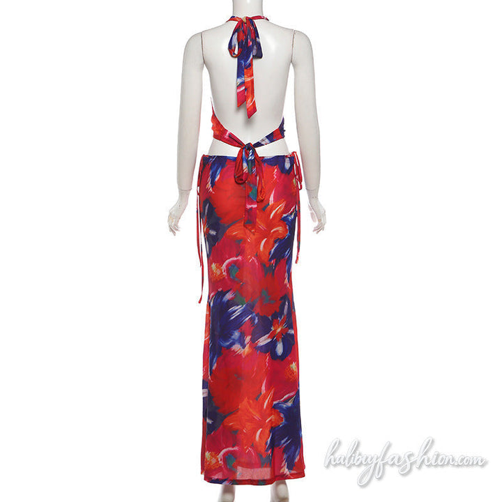 Cowl neck halter self tie print maxi skirt set