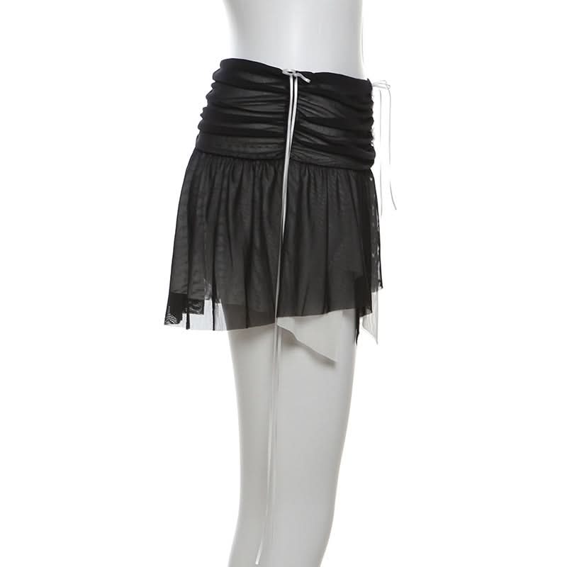 Mesh patchwork ruffle button contrast backless cami ruched skirt set-final-sale
