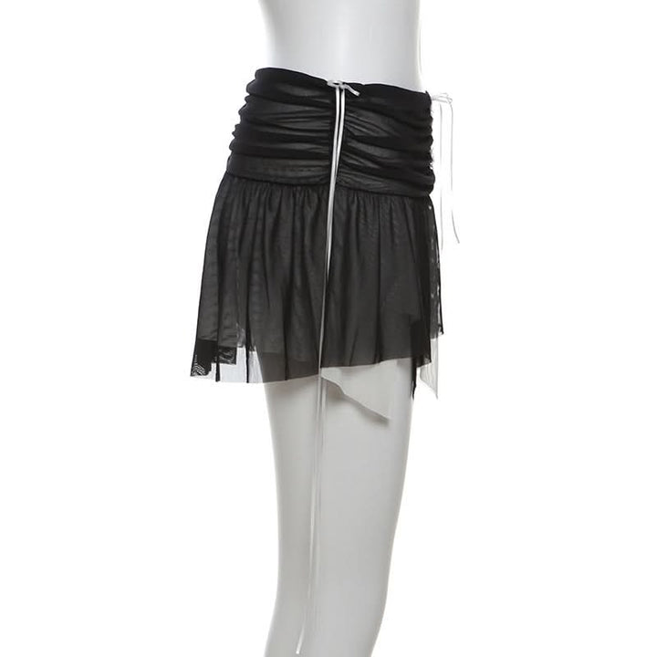Mesh patchwork ruffle button contrast backless cami ruched skirt set-final-sale