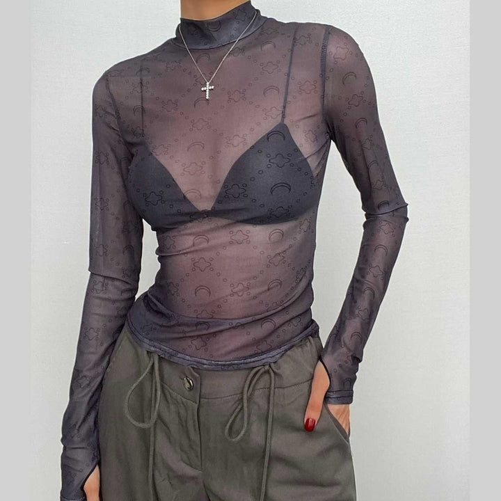 Sheer mesh see through solid long sleeve gloves print high neck top