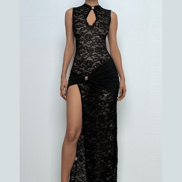 Lace ruched see through hollow out high slit cut out maxi dress  | Festival Outfits Women