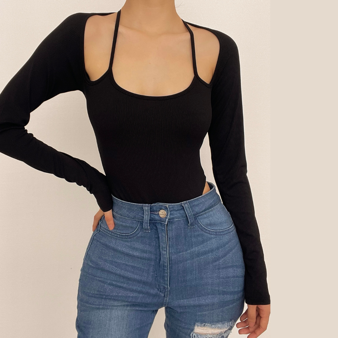 Halter solid ribbed long sleeve low cut bodysuit-final-sale  | Festival Outfits Women
