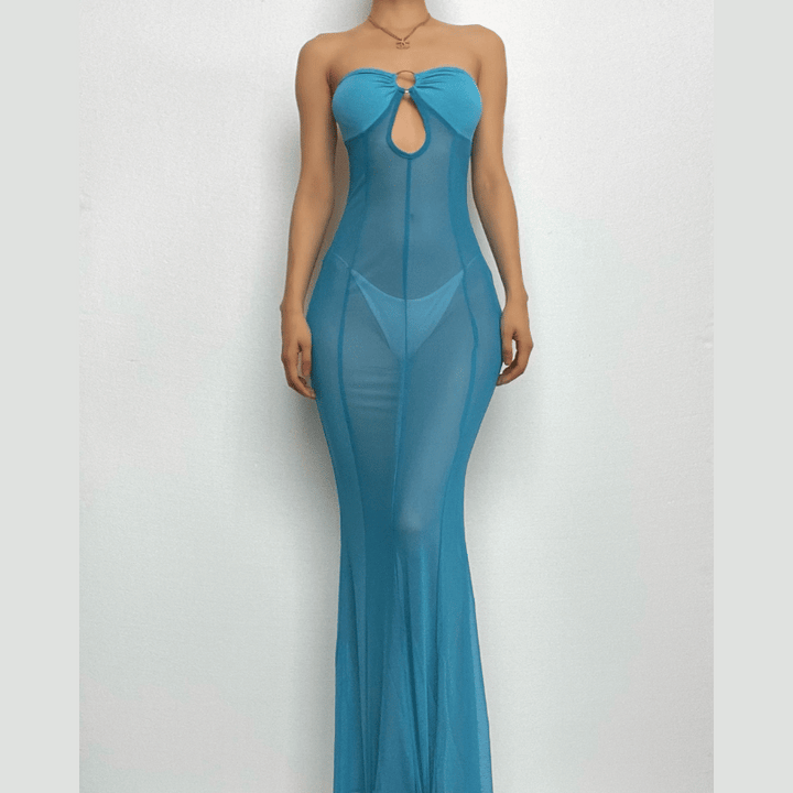 Mesh see through o ring hollow out backless tube cut out maxi dress