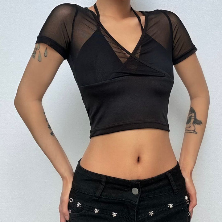 Halter v neck short sleeve mesh cross front top  | Festival Outfits Women-final-sale