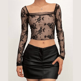 Long sleeve square neck lace patchwork top  | Festival Outfits Women