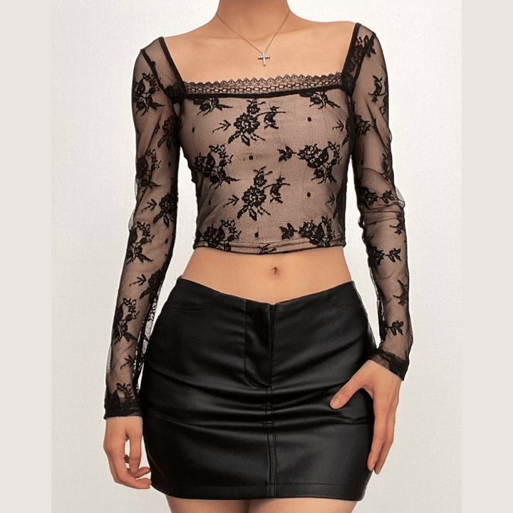 Long sleeve square neck lace patchwork top  | Festival Outfits Women