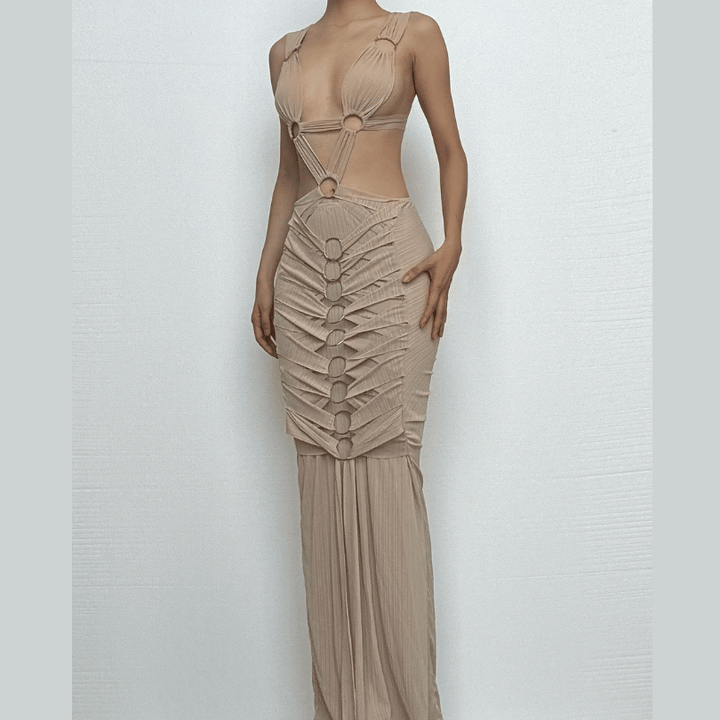 O ring textured hollow out self tie ruched tank cut out maxi dress-final-sale  | Festival Outfits Women