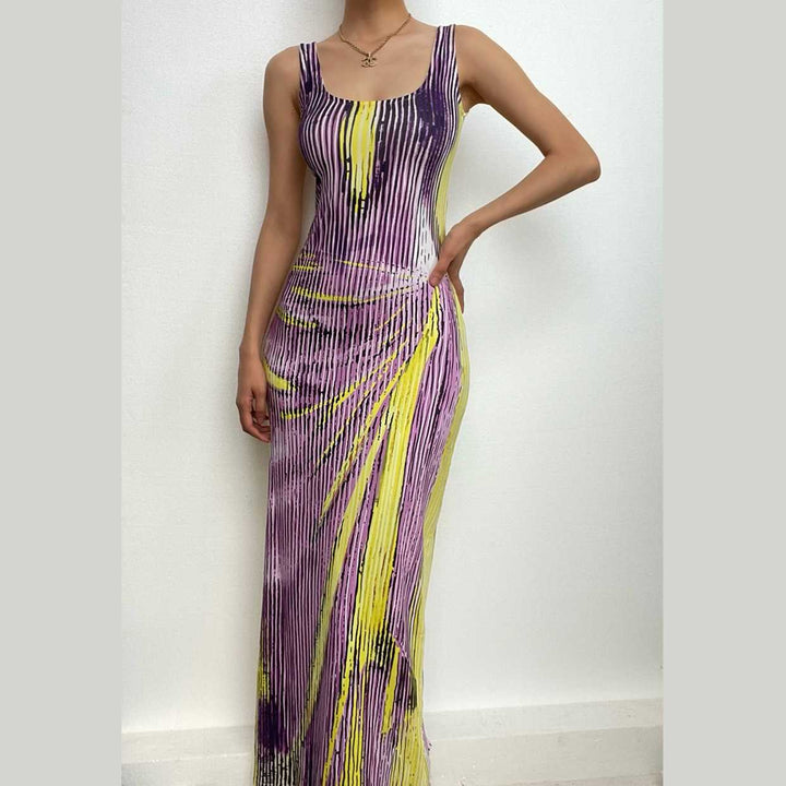 Body pattern contrast u neck sleeveless backless maxi dress-final-sale  | Festival Outfits Women