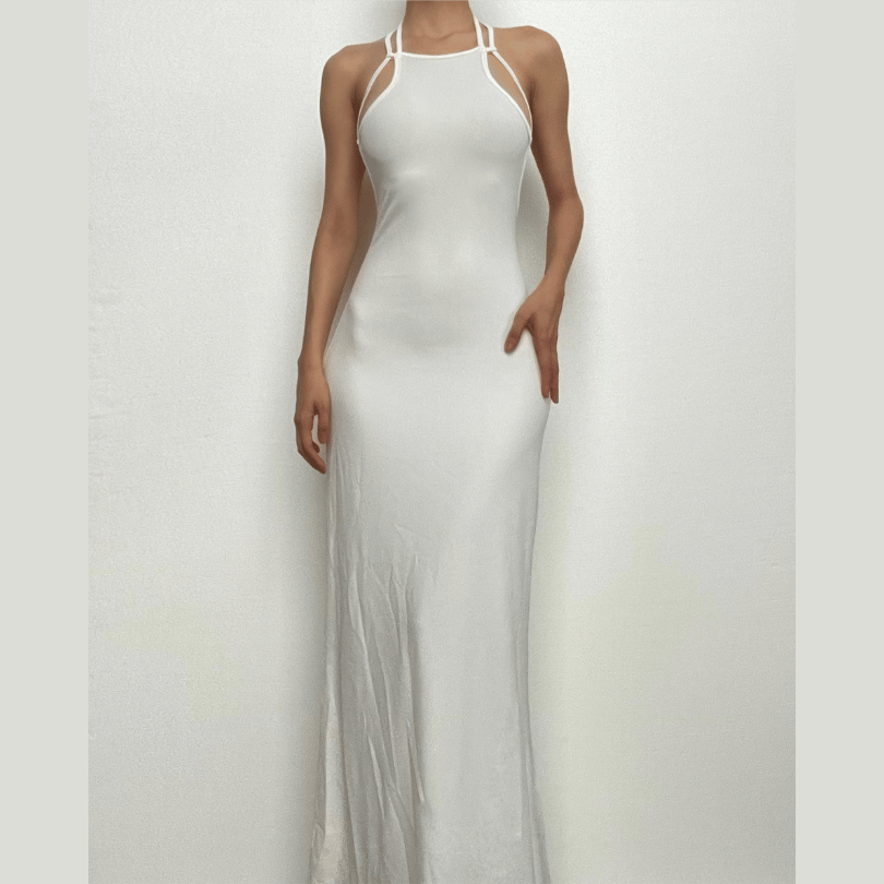 Halter solid sleeveless backless self tie maxi dress-final-sale  | Festival Outfits Women