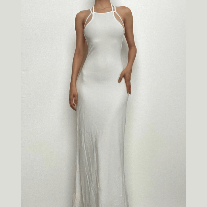 Halter solid sleeveless backless self tie maxi dress-final-sale  | Festival Outfits Women