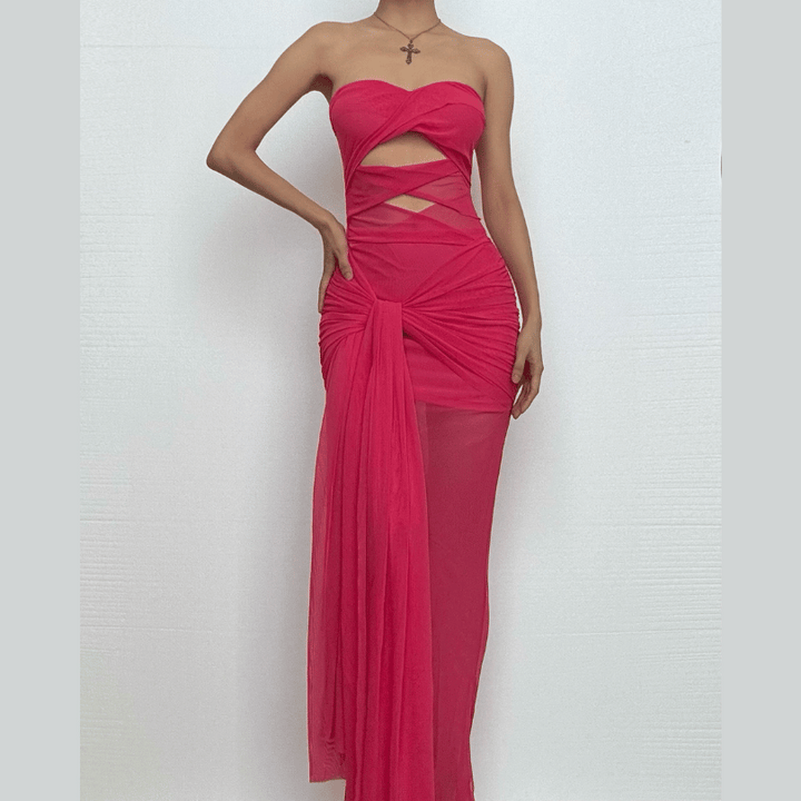 Mesh ruched hollow out see through tube cut out maxi dress  | Festival Outfits Women