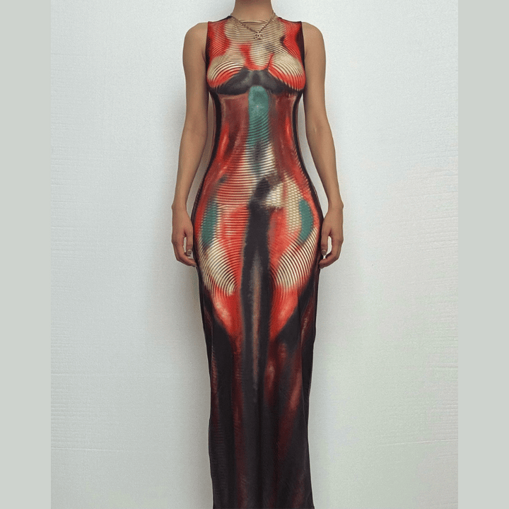 Crewneck body print contrast tank maxi dress  | Festival Outfits Women