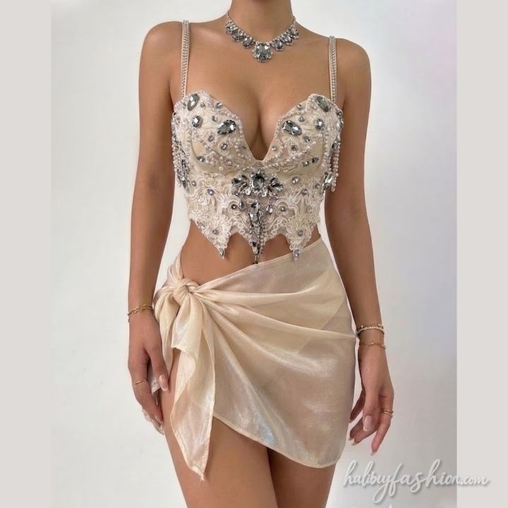 V neck beaded backless cami mini skrit set