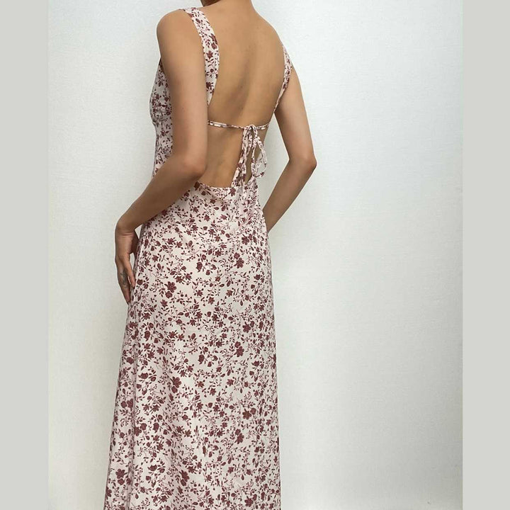 Contrast flower print slit irregular backless midi dress-final-sale  | Festival Outfits Women