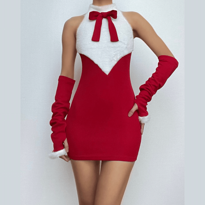 Bowknot contrast halter fluffy gloves backless mini dress-final-sale  | Festival Outfits Women