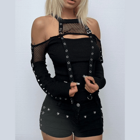 Off shoulder long sleeve fishnet patchwork buckle top  | Festival Outfits Women
