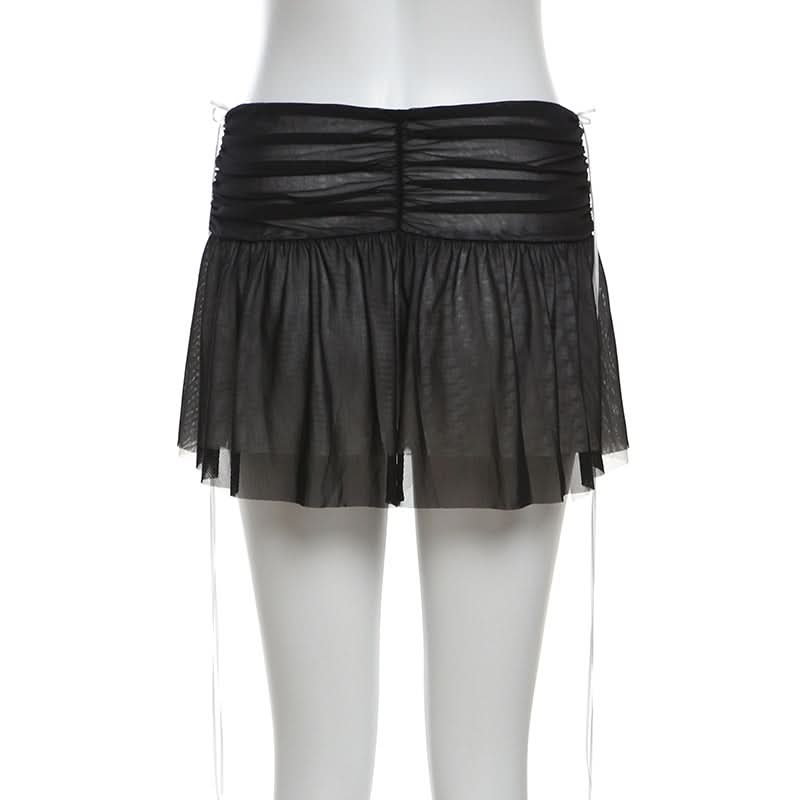 Mesh patchwork ruffle button contrast backless cami ruched skirt set-final-sale