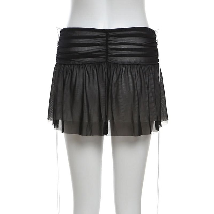Mesh patchwork ruffle button contrast backless cami ruched skirt set-final-sale