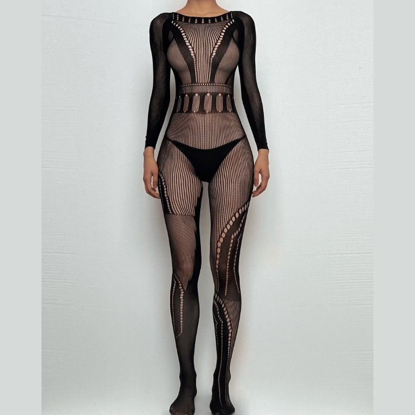 Long sleeve fishnet hollow out solid bodystocking  | Festival Outfits Women