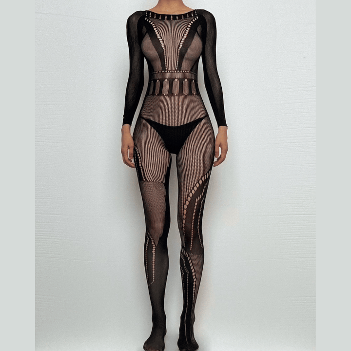 Long sleeve fishnet hollow out solid bodystocking  | Festival Outfits Women