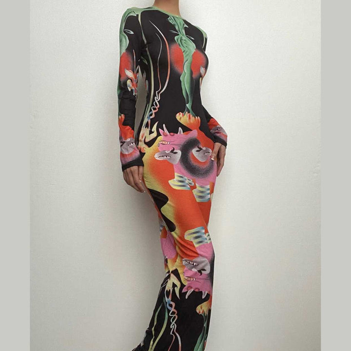 Long sleeve contrast abstract print round neck midi dress-final-sale