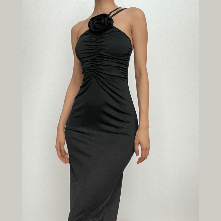 Flower applique one shoulder solid ruched maxi dress-final-sale  | Festival Outfits Women