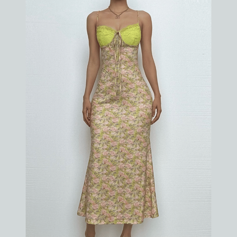 Sweetheart neck lace flower print knotted cami maxi dress  | Festival Outfits Women