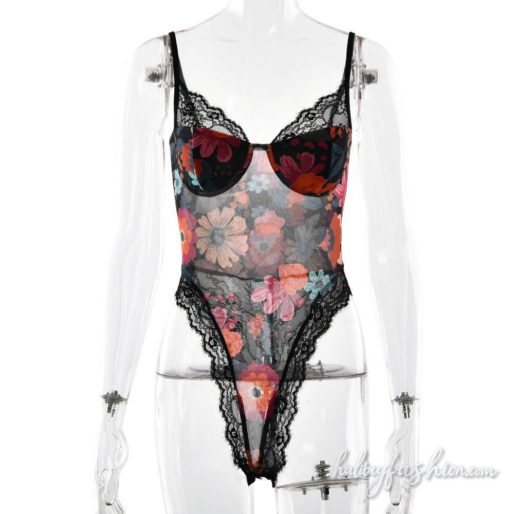 Lace hem v neck flower print mesh cami bodysuit