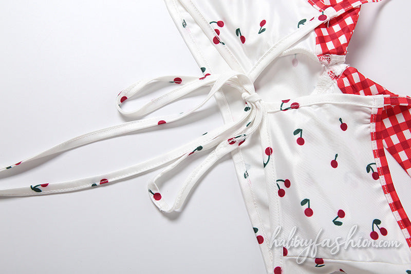 V neck plaid cherry print self tie cami top