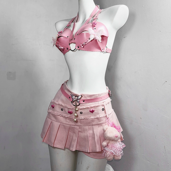 O ring PU leather butterfly applique buckle top  | Festival Outfits Women