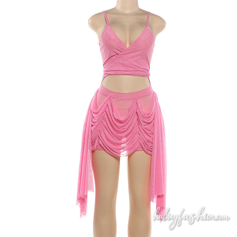 Ruched hollow out mesh v neck cami mini dress