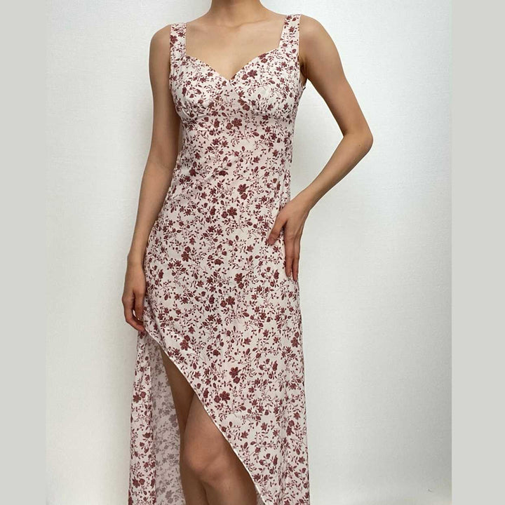Contrast flower print slit irregular backless midi dress-final-sale  | Festival Outfits Women
