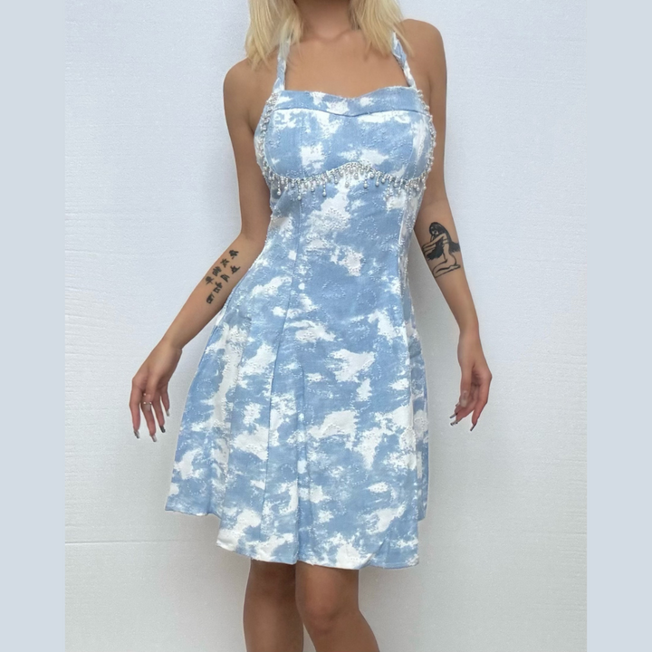 Beaded v neck denim contrast cami mini dress  | Festival Outfits Women