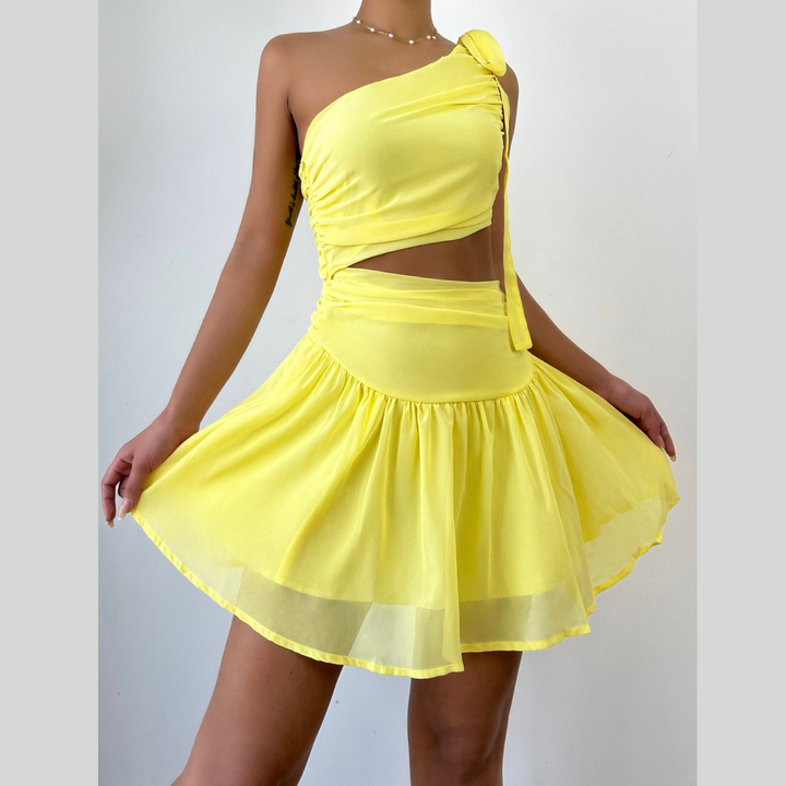 One shoulder chiffon self tie irregular mini dress  | Festival Outfits Women