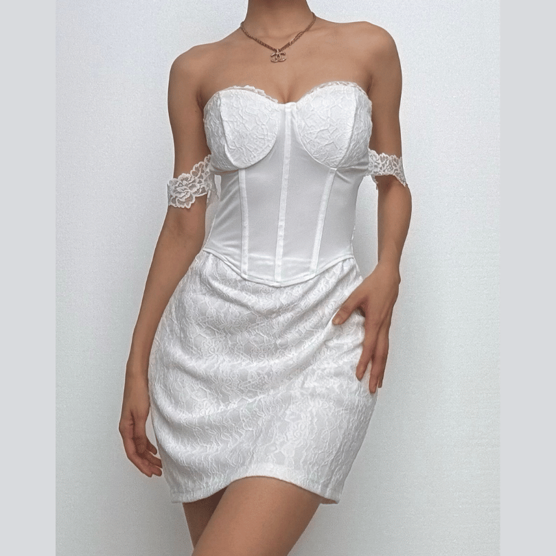 Sweetheart neck off shoulder bustier lace mini dress-final-sale  | Festival Outfits Women