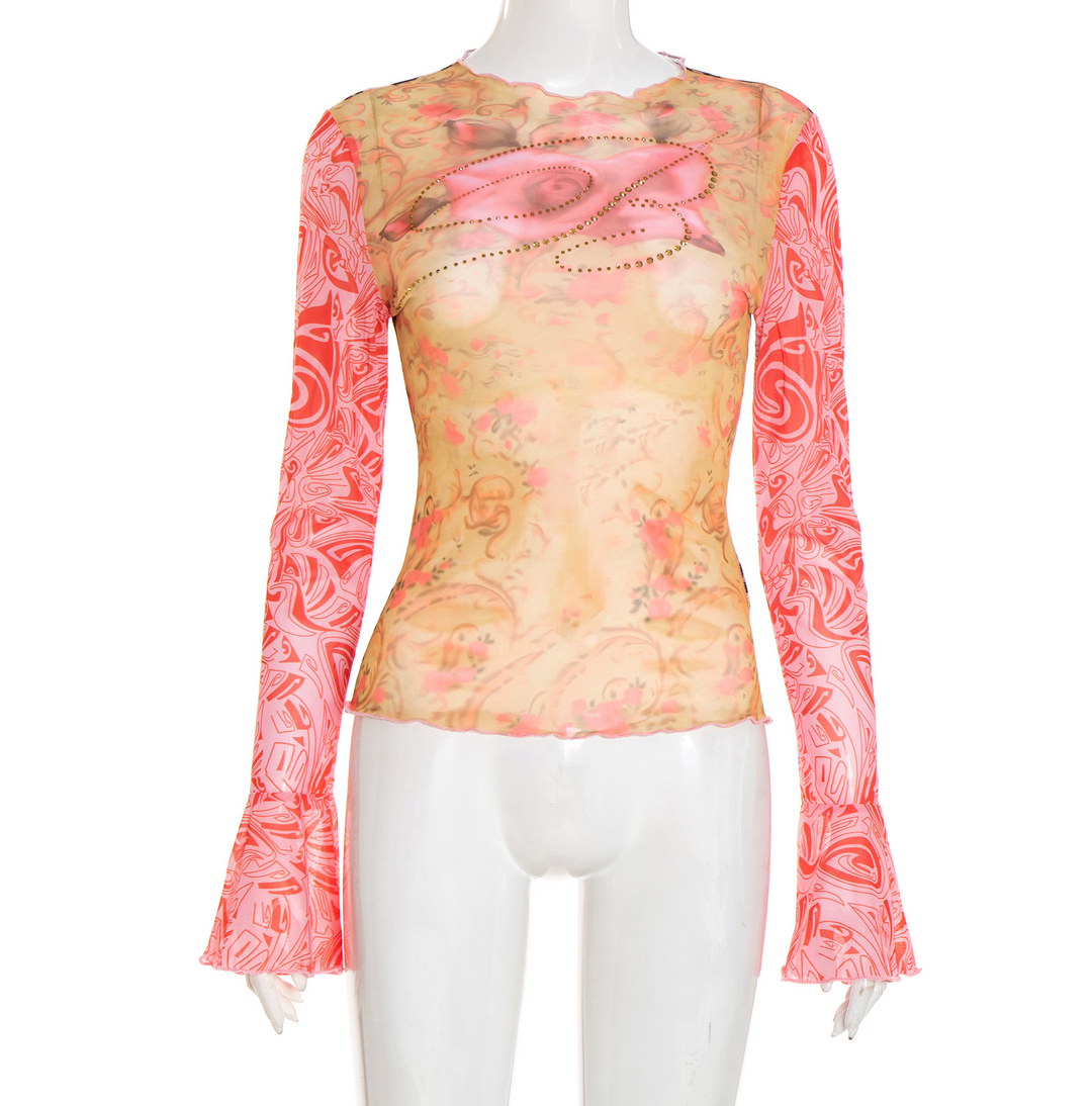 Long sleeve crewneck print beaded sheer mesh top  | Festival Outfits Women