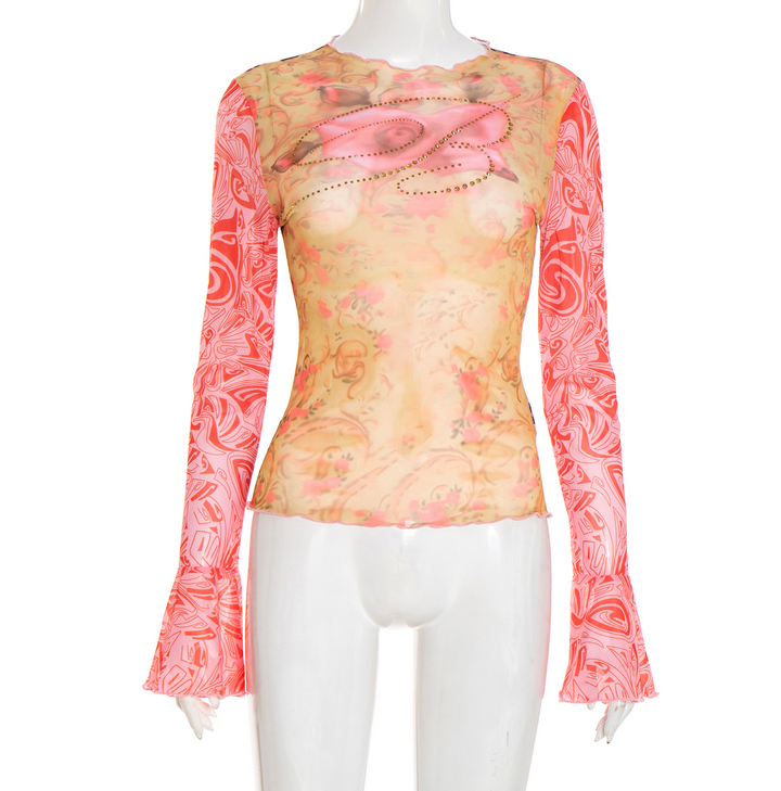 Long sleeve crewneck print beaded sheer mesh top  | Festival Outfits Women