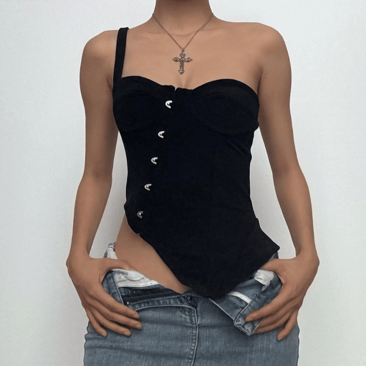 Button one shoulder irregular sleeveless low cut top  | Festival Outfits Women