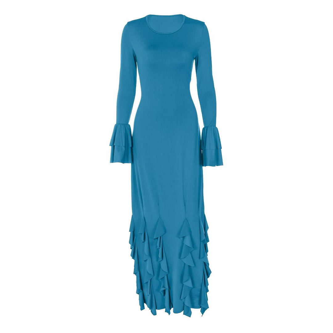 Long flared sleeve crewneck ruffle self tie maxi dress  | Festival Outfits Women