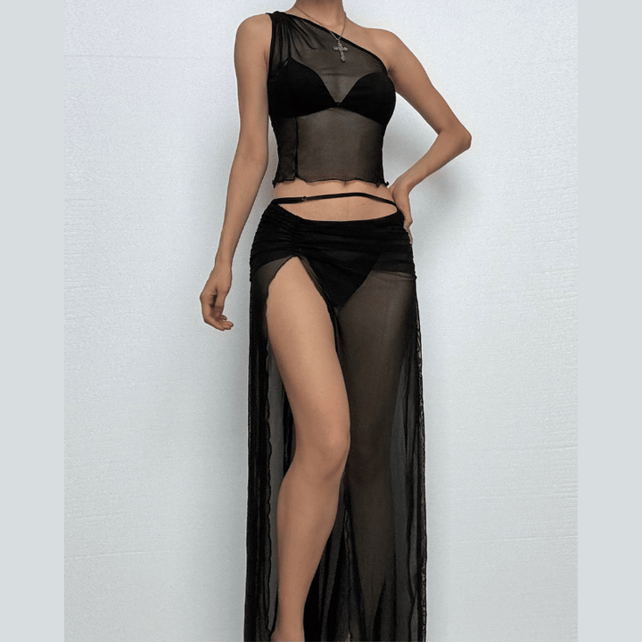 One shoulder high slit ruffle sheer mesh maxi skirt set-final-sale