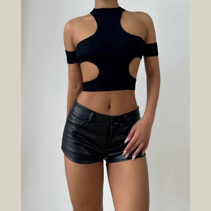 Hollow out solid off shoulder crop cut out top-final-sale
