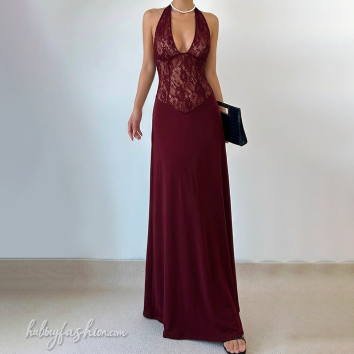 Halter v neck lace backless maxi dress  | Festival Outfits Women