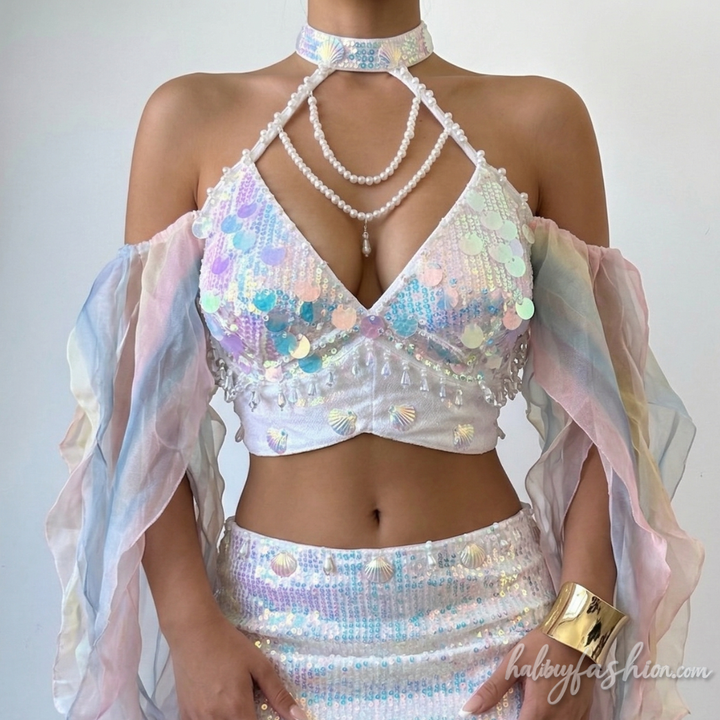 Halter hollow out beaded glitter top