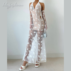 Halter lace see through v neck backless maxi dress