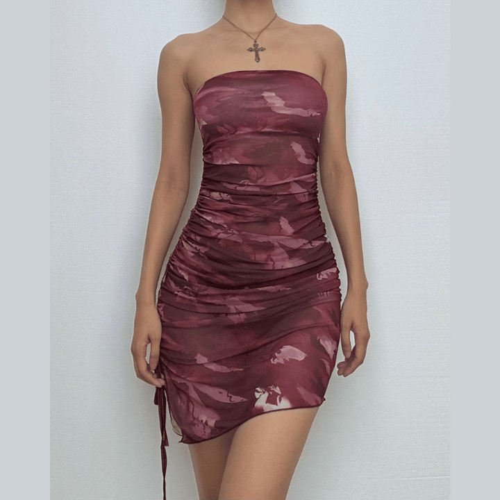 Drawstring tie dye mesh ruched tube mini dress  | Festival Outfits Women