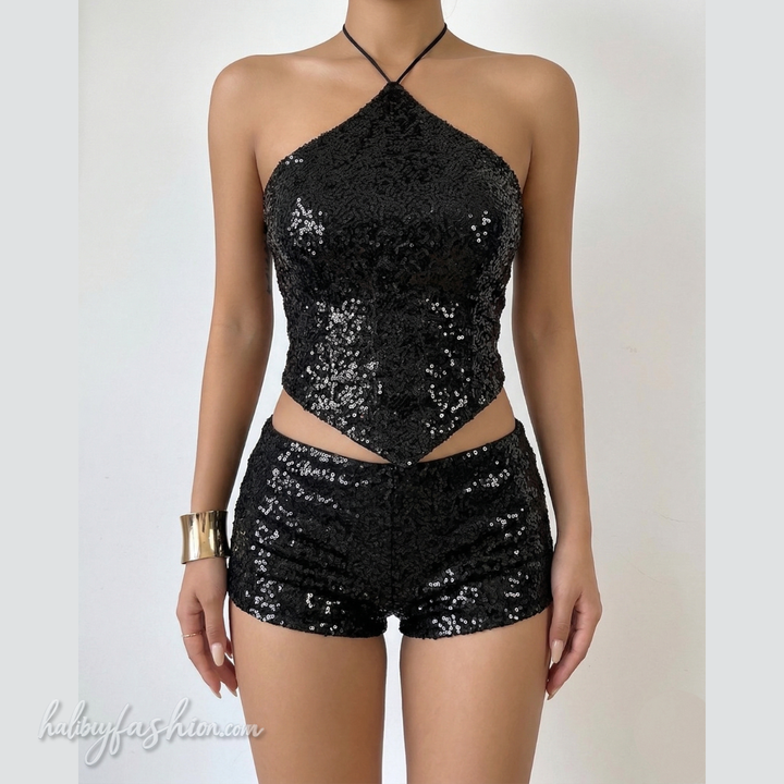 Glitter halter self tie backless pant set